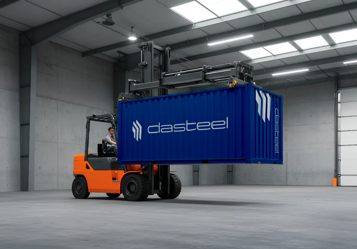 Empilhadeira movimentando um contêiner azul com a marca DASTEEL dentro de um galpão.